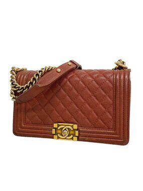 Chanel Shoulder Bag Boy Caviar Leather Brown Gold